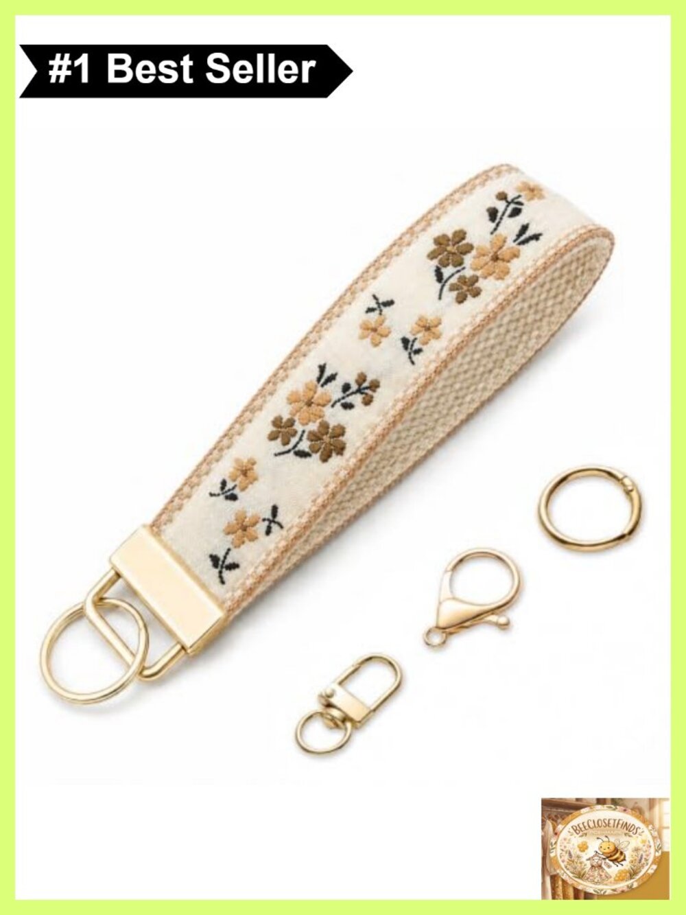 Floral Embroidered Wristlet Keychain with Detachable Metal Accessories